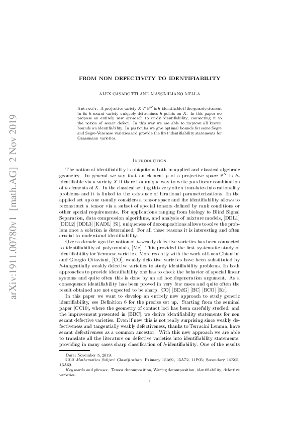 (PDF) From nondefectivity to identifiability Massimiliano Mella