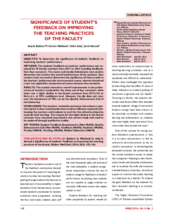 (PDF) Significance of Student’s Feedback on Improving the Teaching ...