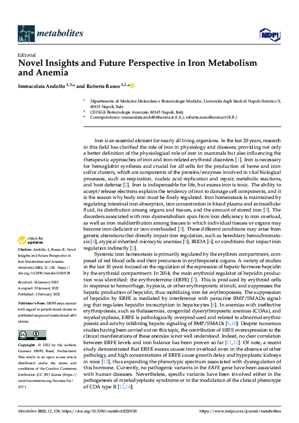 (PDF) Novel Insights and Future Perspective in Iron Metabolism and Anemia