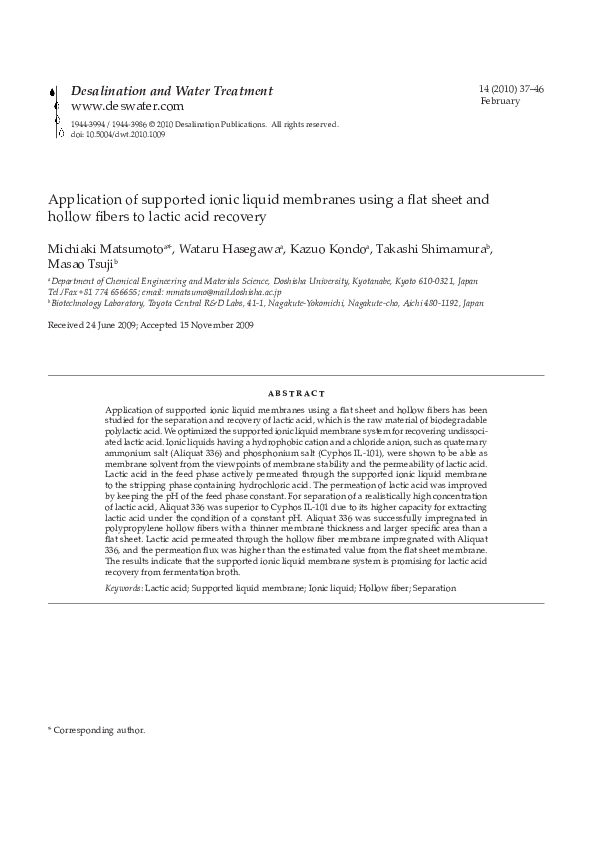 (PDF) Application of supported ionic liquid membranes using a flat ...