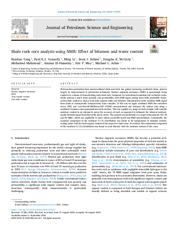 (PDF) Shale rock core analysis using NMR: Effect of bitumen and water ...