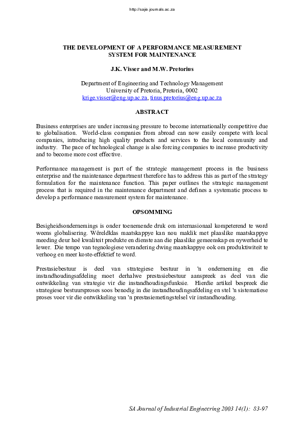 (PDF) The Development of a Performance Measurement System for Maintenance