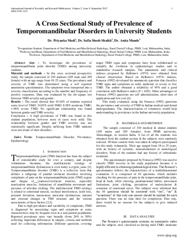 (PDF) A Cross Sectional Study of Prevalence of Temporomandibular ...