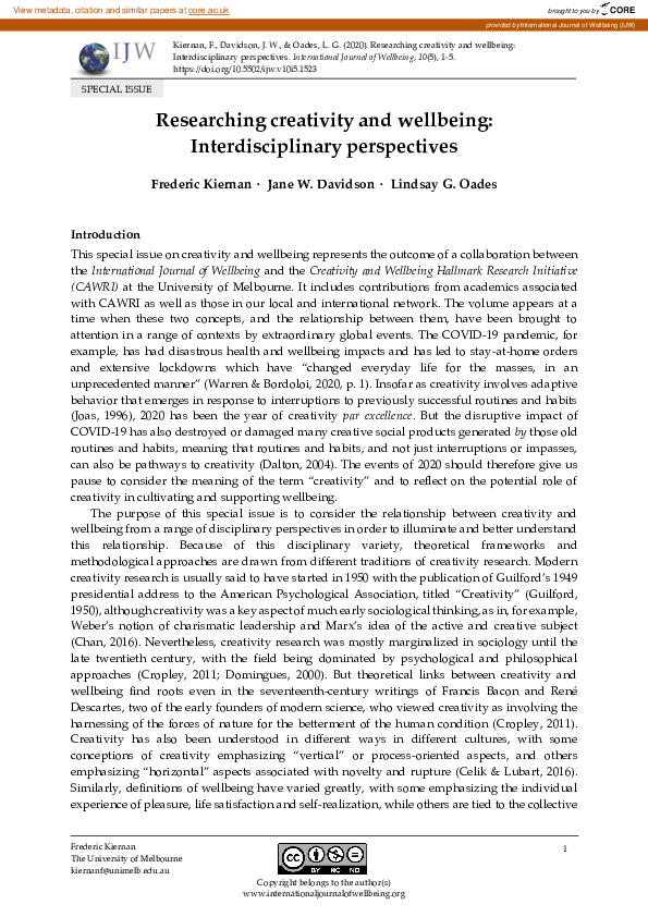 (PDF) Researching creativity and wellbeing: Interdisciplinary perspectives