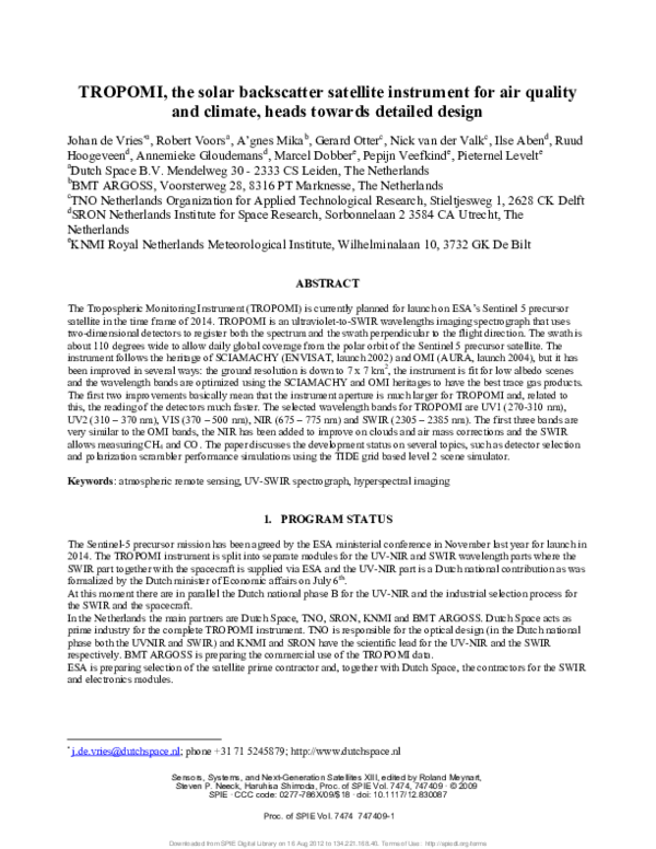 (PDF) TROPOMI, the solar backscatter satellite instrument for air ...