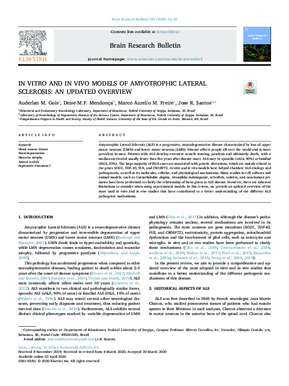 (PDF) In Vitro and in Vivo Models of Amyotrophic Lateral Sclerosis: An ...