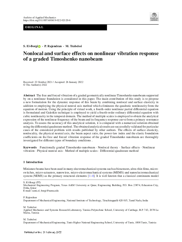 (PDF) Nonlocal and surface effects on nonlinear vibration response of a ...