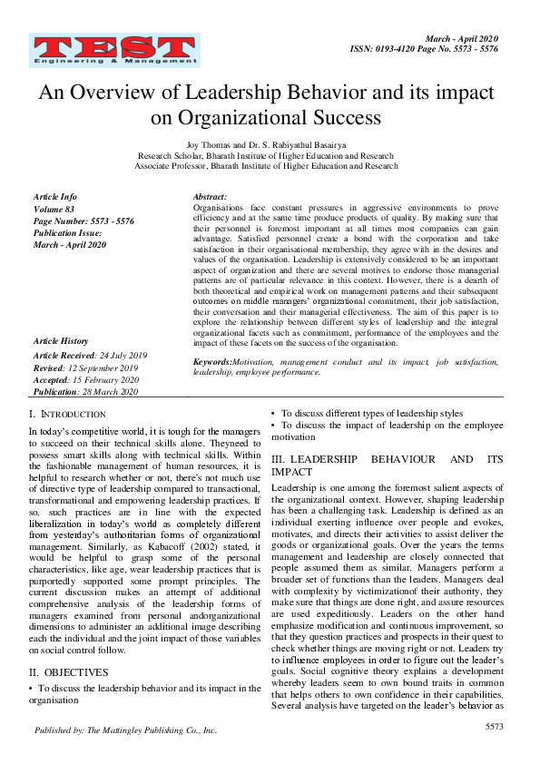 (PDF) An Overview of Leadership Behavior and its impact on ...