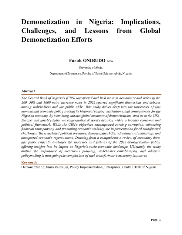 (PDF) Demonetization in Nigeria: Implications, Challenges, and Lessons ...