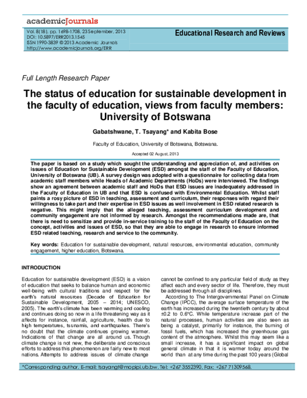 (PDF) The status of education for sustainable development in the ...