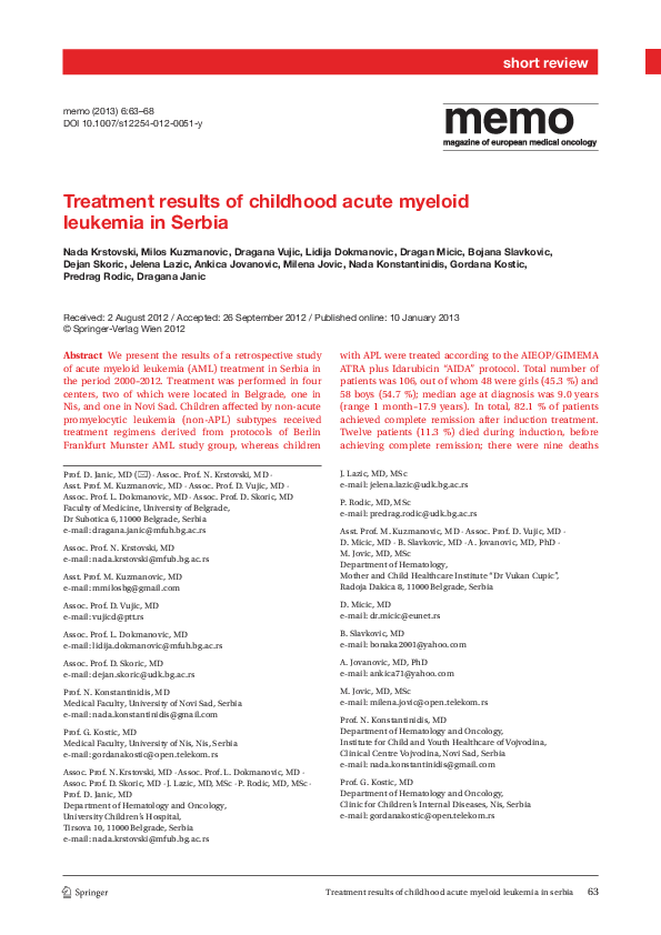 (PDF) Treatment results of childhood acute myeloid leukemia in Serbia ...