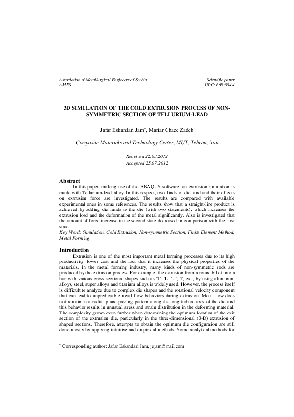 (PDF) 3D Simulation of the Cold Extrusion Process of Non- Symmetric ...