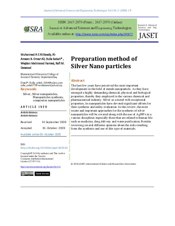 (PDF) Preparation method of Silver Nano particles