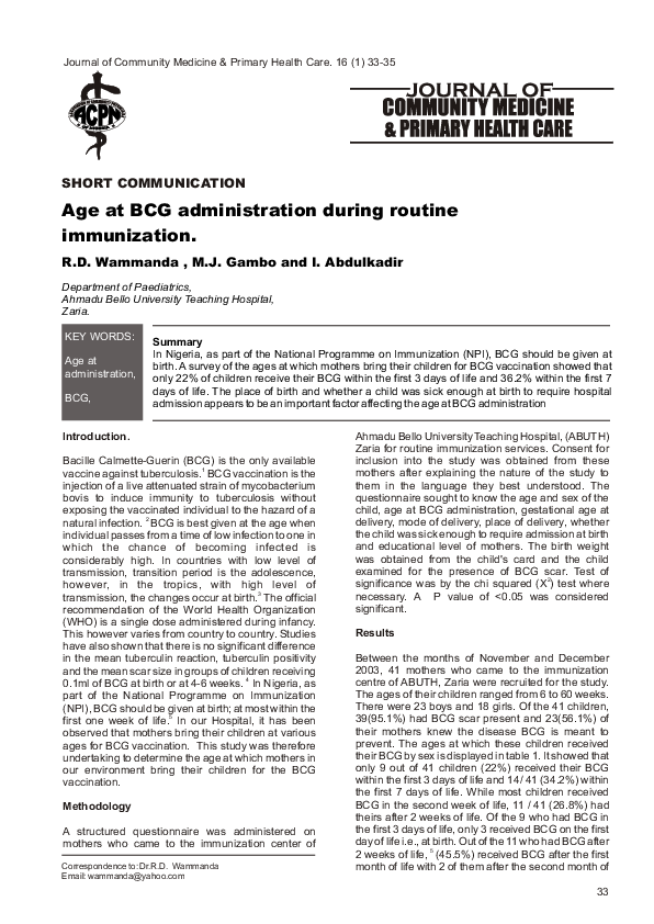 (PDF) Age at BCG administration during routine immunization