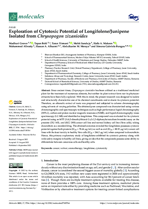 Exploration of Cytotoxic Potential of Longifolene/Junipene Isolated ...