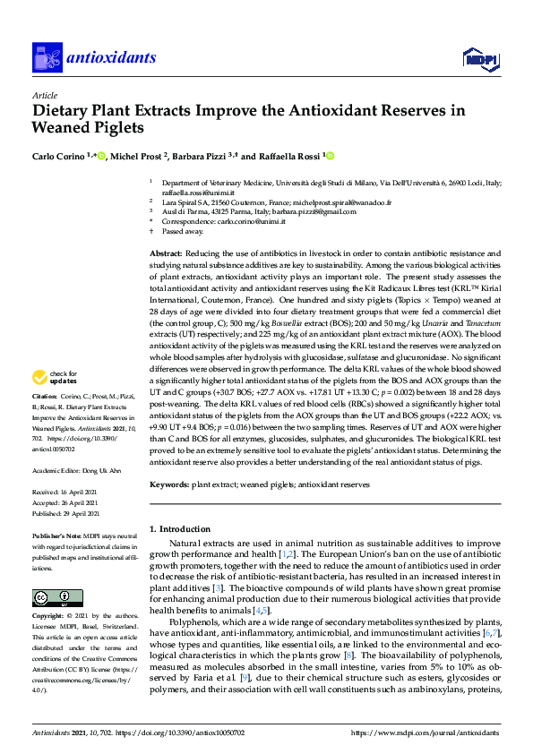(PDF) Dietary Plant Extracts Improve the Antioxidant Reserves in Weaned ...