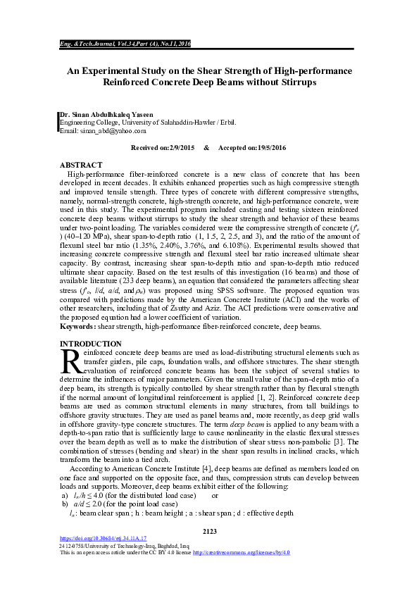 (PDF) An Experimental Study on the Shear Strength of High-performance ...