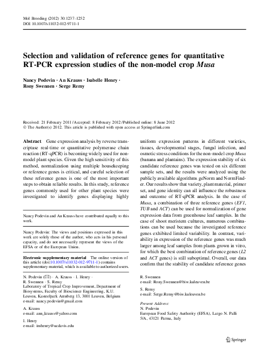 (PDF) Selection and validation of reference genes for quantitative RT ...