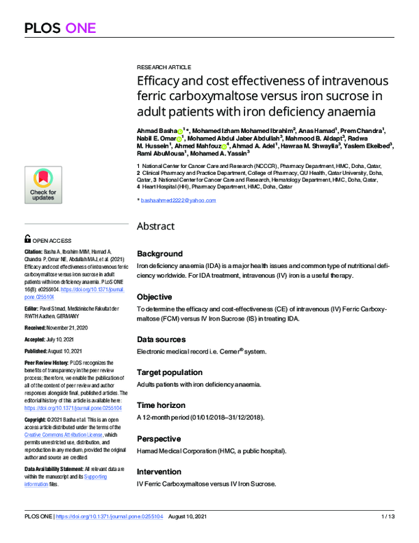 (PDF) Efficacy and cost effectiveness of intravenous ferric