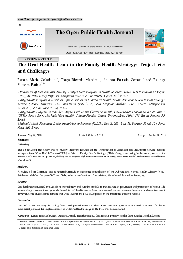 (PDF) The Oral Health Team in the Family Health Strategy: Trajectories ...