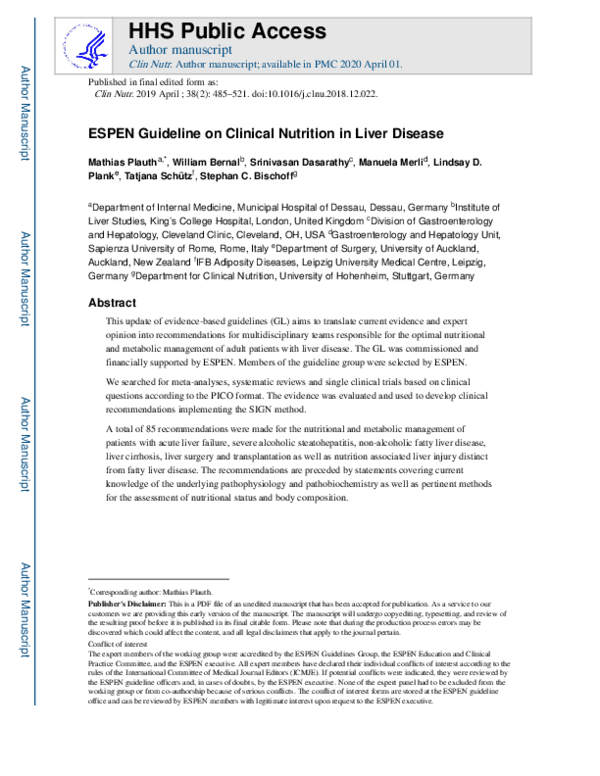 (PDF) ESPEN guideline on clinical nutrition in liver disease