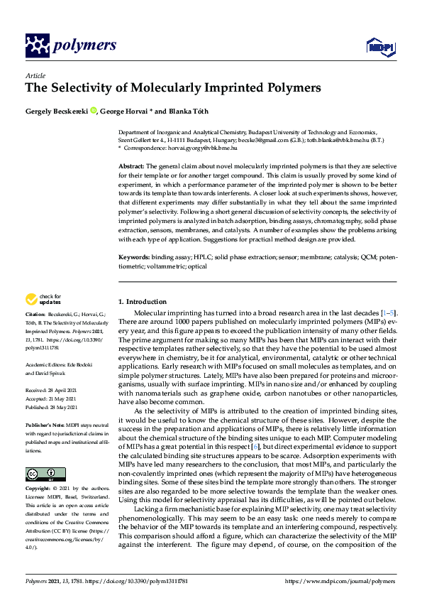 (PDF) The Selectivity of Molecularly Imprinted Polymers