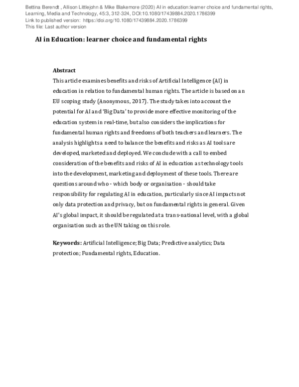 (PDF) AI in education: learner choice and fundamental rights