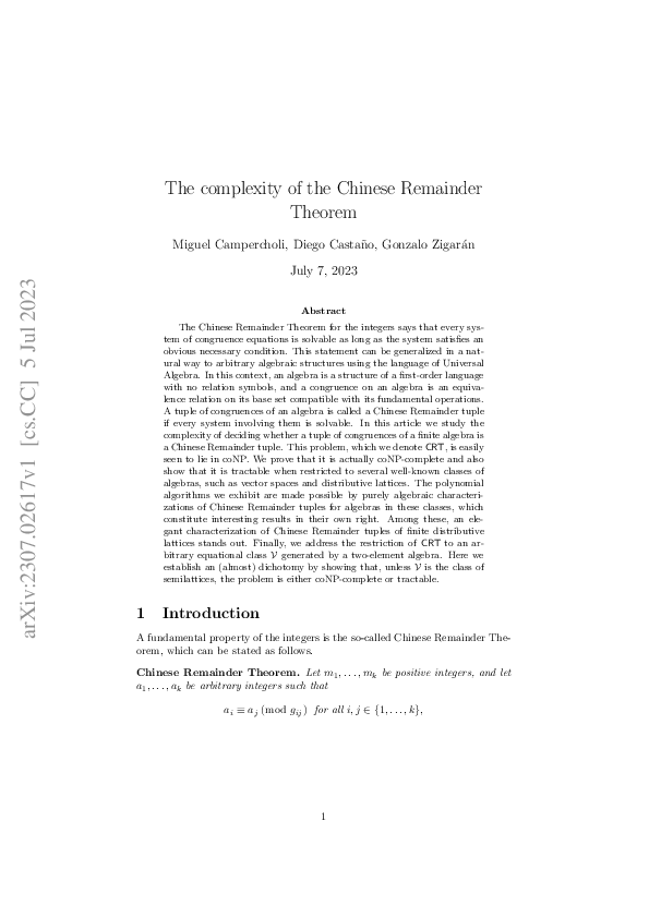 (PDF) The complexity of the Chinese Remainder Theorem