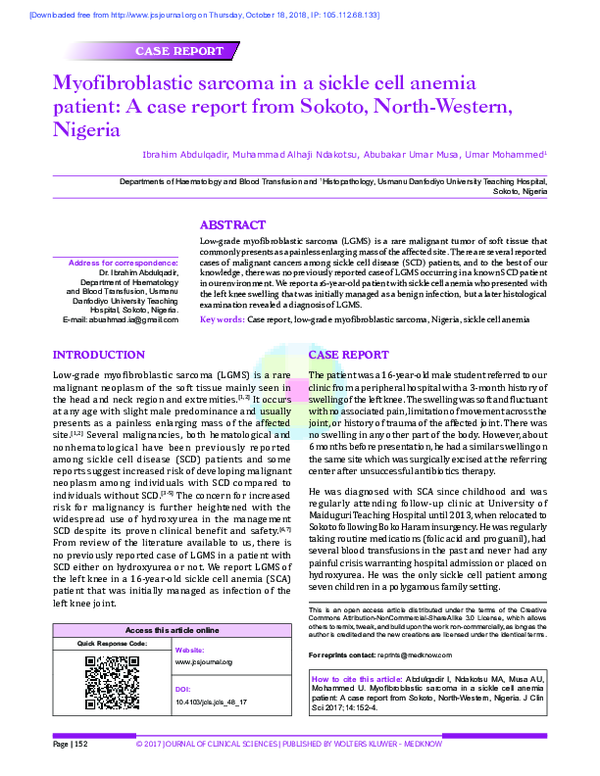 (PDF) Myofibroblastic sarcoma in a sickle cell anemia patient: A case ...