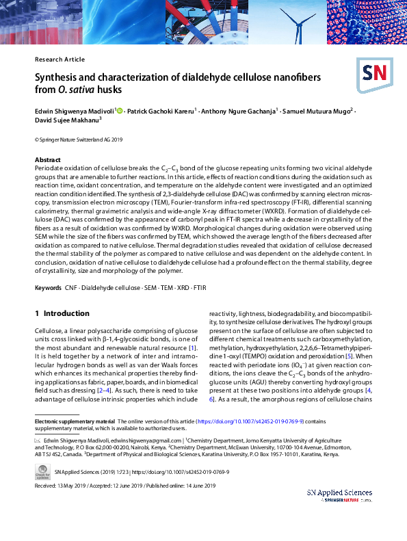 (PDF) Synthesis and characterization of dialdehyde cellulose nanofibers ...