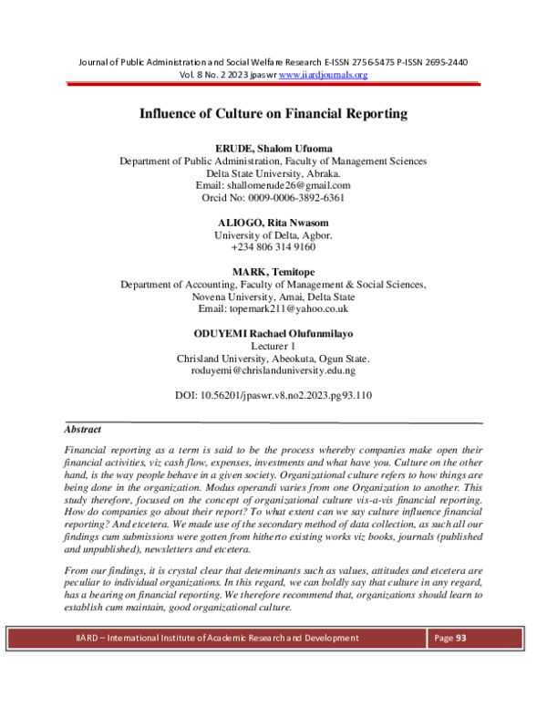 (PDF) Influence of Culture on Financial Reporting
