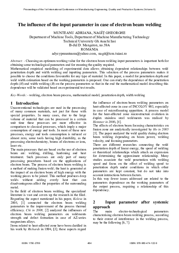 (PDF) The influence of the input parameter in case of electron beam welding