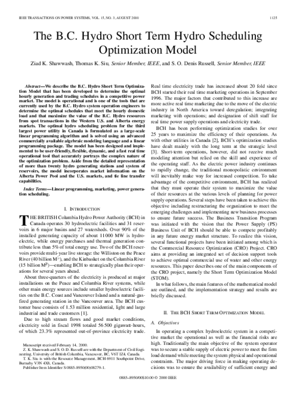 (PDF) The B.C. Hydro short term hydro scheduling optimization model
