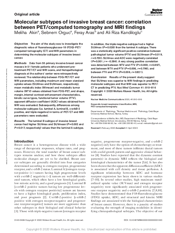 (PDF) Molecular subtypes of invasive breast cancer: correlation between ...