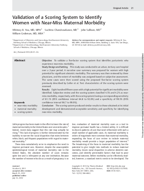 (PDF) Validation of a Scoring System to Identify Women with Near-Miss ...