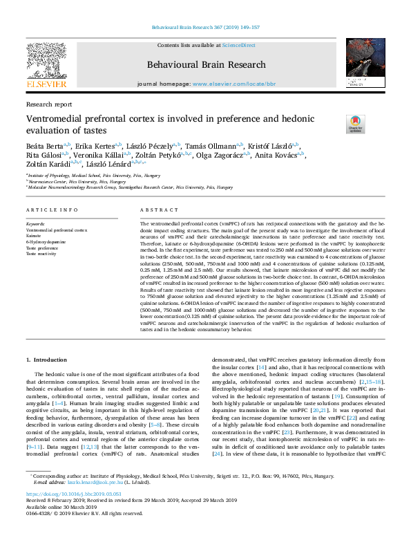 (PDF) Ventromedial prefrontal cortex is involved in preference and ...