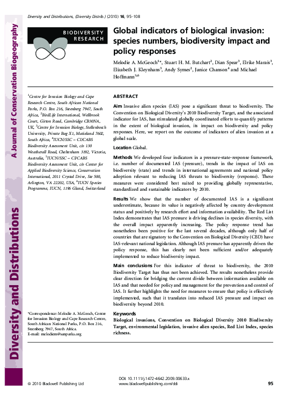 (PDF) Global indicators of biological invasion: species numbers ...