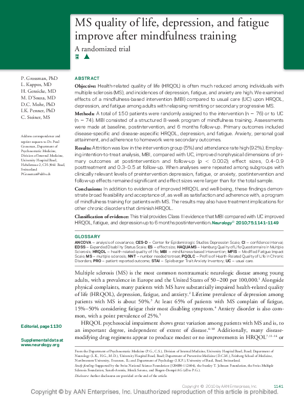 (PDF) MS quality of life, depression, and fatigue improve after ...