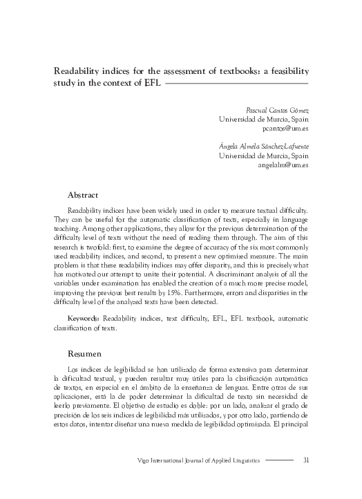 (PDF) Readability indices for the assessment of textbooks: a ...