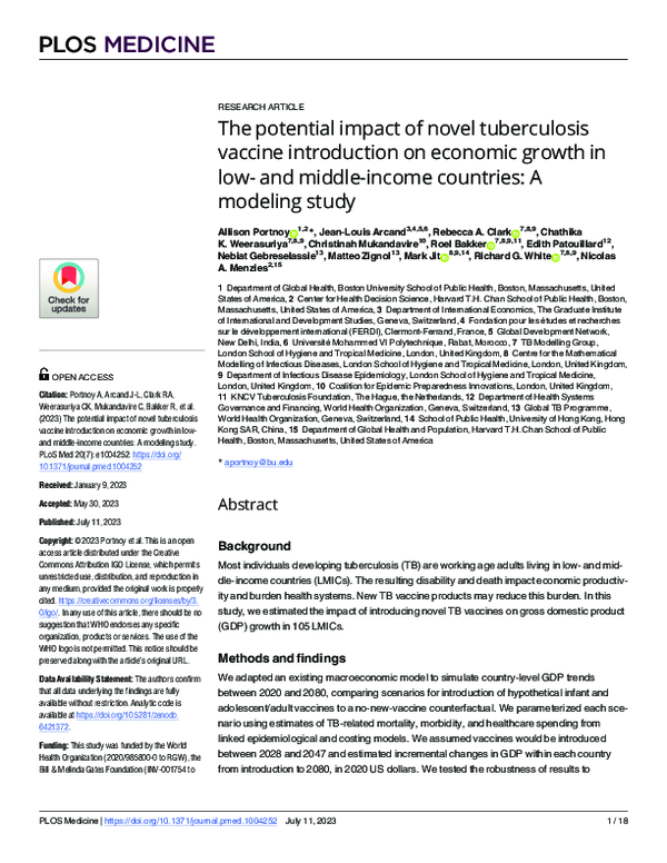 (PDF) The potential impact of novel tuberculosis vaccine introduction ...