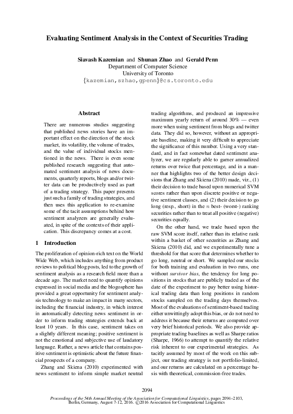 (PDF) Evaluating Sentiment Analysis in the Context of Securities Trading