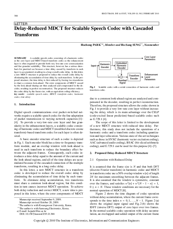 (PDF) Delay-Reduced MDCT for Scalable Speech Codec with Cascaded Transforms