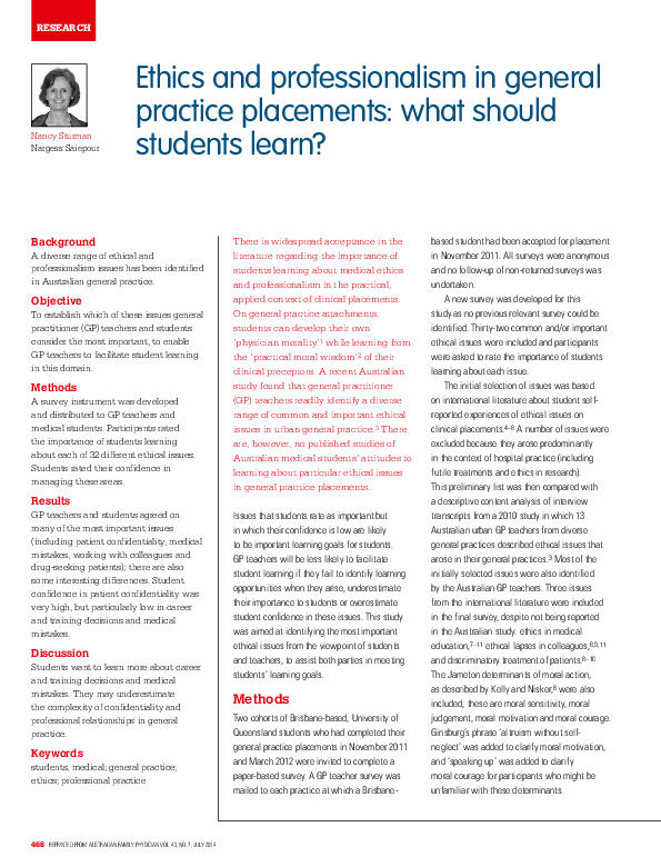 (PDF) Ethics and professionalism in general practice placements: what ...