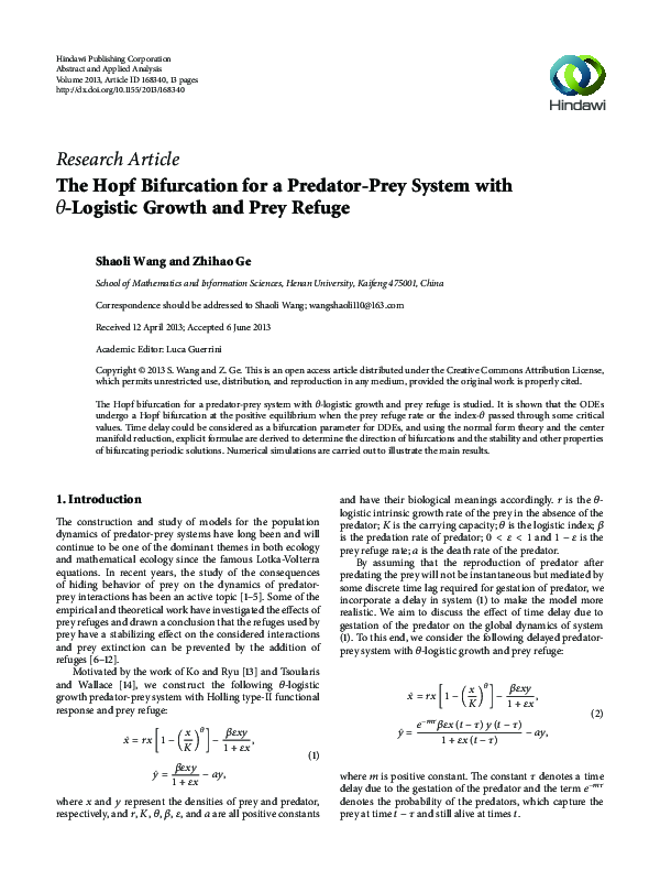 (PDF) The Hopf Bifurcation for a Predator-Prey System with -Logistic ...