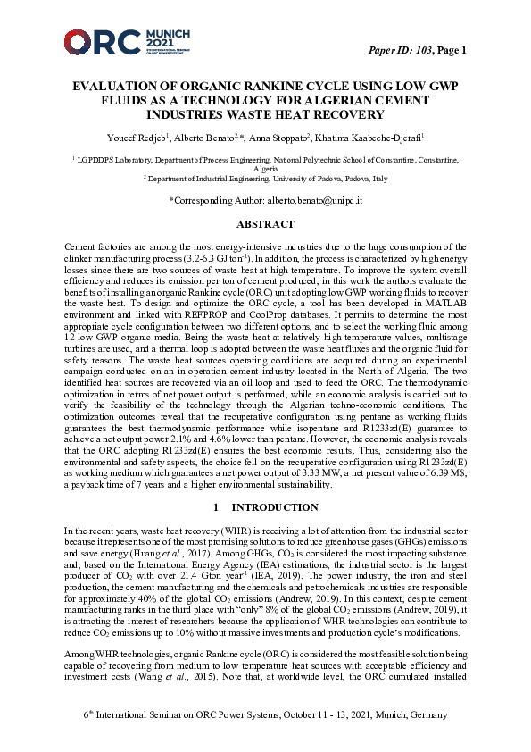 (PDF) Evaluation of organic Rankine cycle using low GWP fluids as a ...
