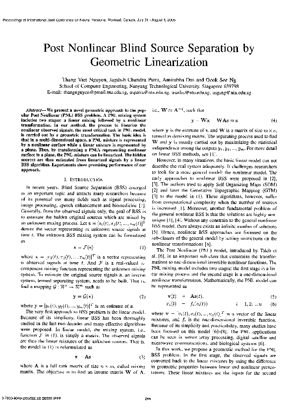 (PDF) Post nonlinear blind source separation by geometric linearization