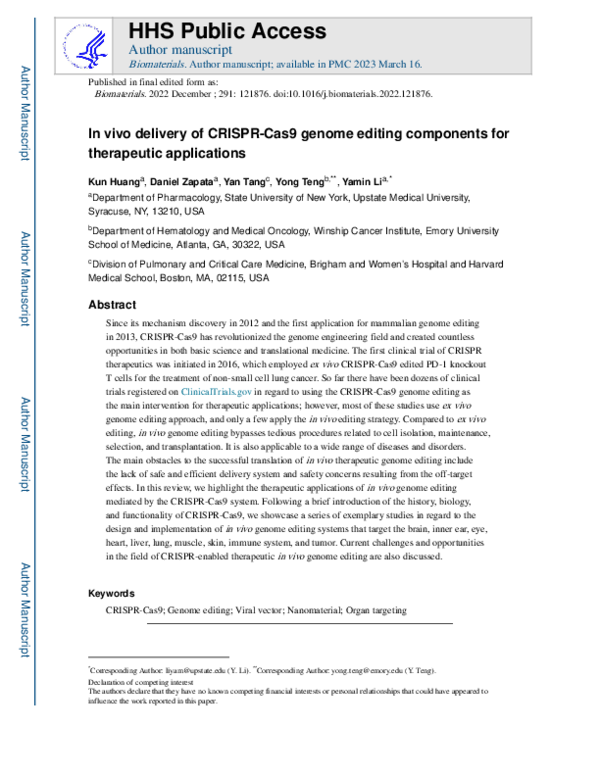(PDF) In vivo delivery of CRISPR-Cas9 genome editing components for ...
