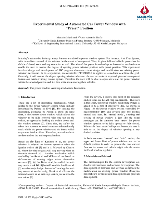 (PDF) Experimental Study of Automated Car Power Window with 