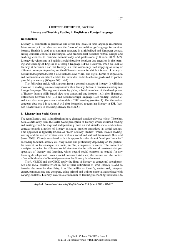 (PDF) Literacy and Teaching Reading in English as a Foreign Language