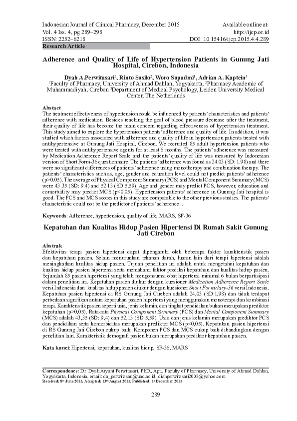 (PDF) Adherence and Quality of Life of Hypertension Patients in Gunung ...